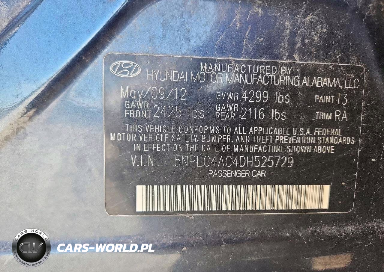 2013 Hyundai Sonata Se VIN:5NPEC4AC4DH525729 - 12