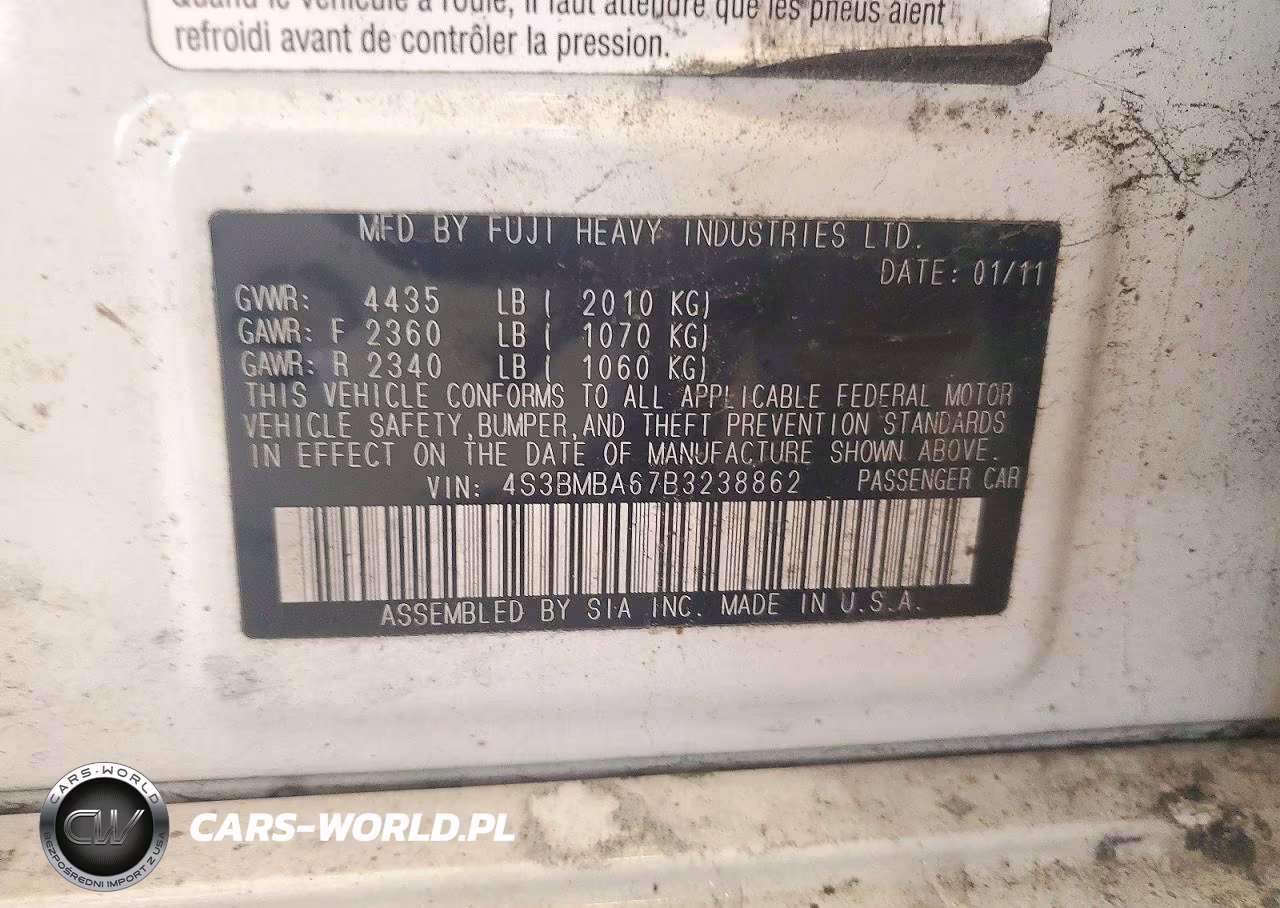 2011 Subaru Legacy 2.5I VIN:4S3BMBA67B3238862 - 12