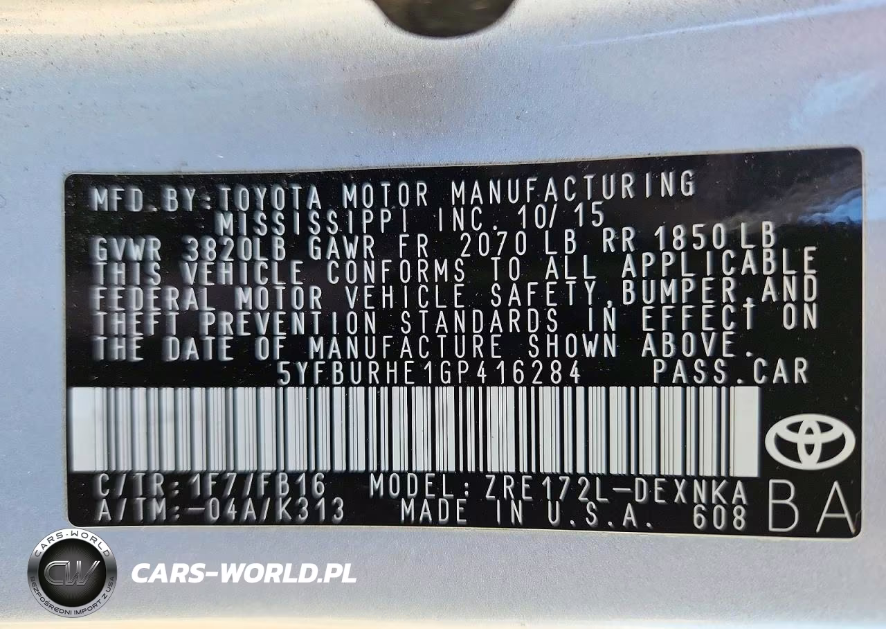 2016 Toyota Corolla Le VIN:5YFBURHE1GP416284 - 12