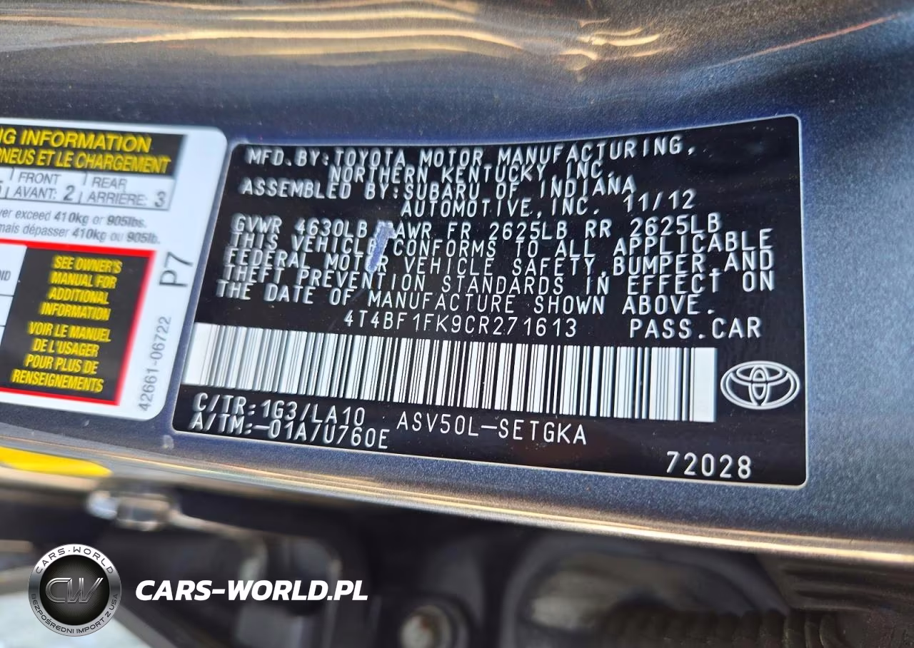 2012 Toyota Camry Xle VIN:4T4BF1FK9CR271613 - 12