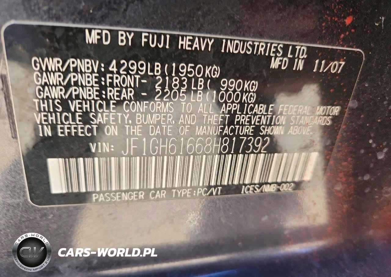 2008 Subaru Impreza 2.5I VIN:JF1GH61668H817392 - 12