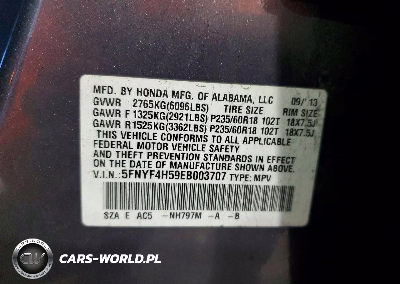 2014 Honda Pilot Exl VIN:5FNYF4H59EB003707 - 13