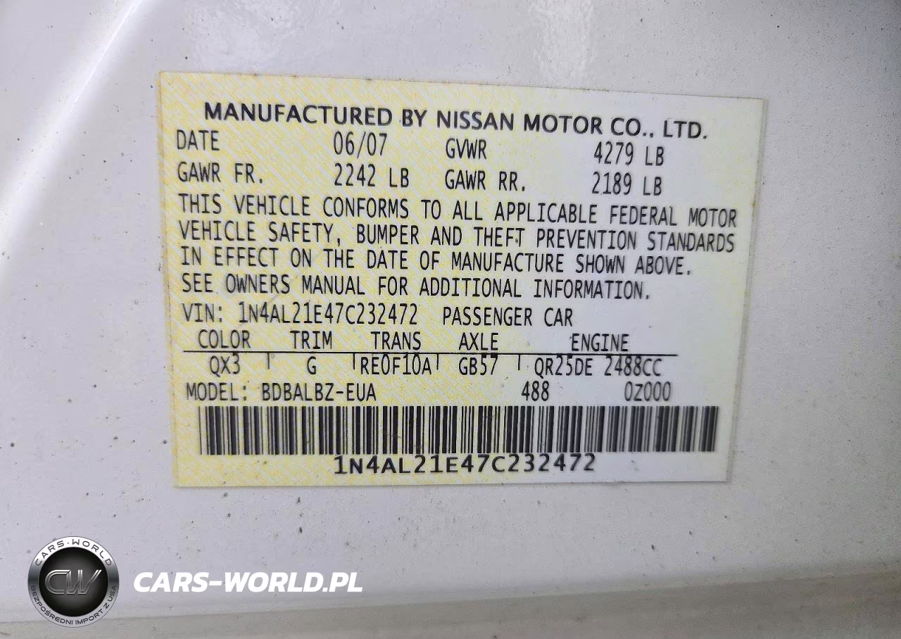 2007 Nissan Altima 2.5 VIN:1N4AL21E47C232472 - 12