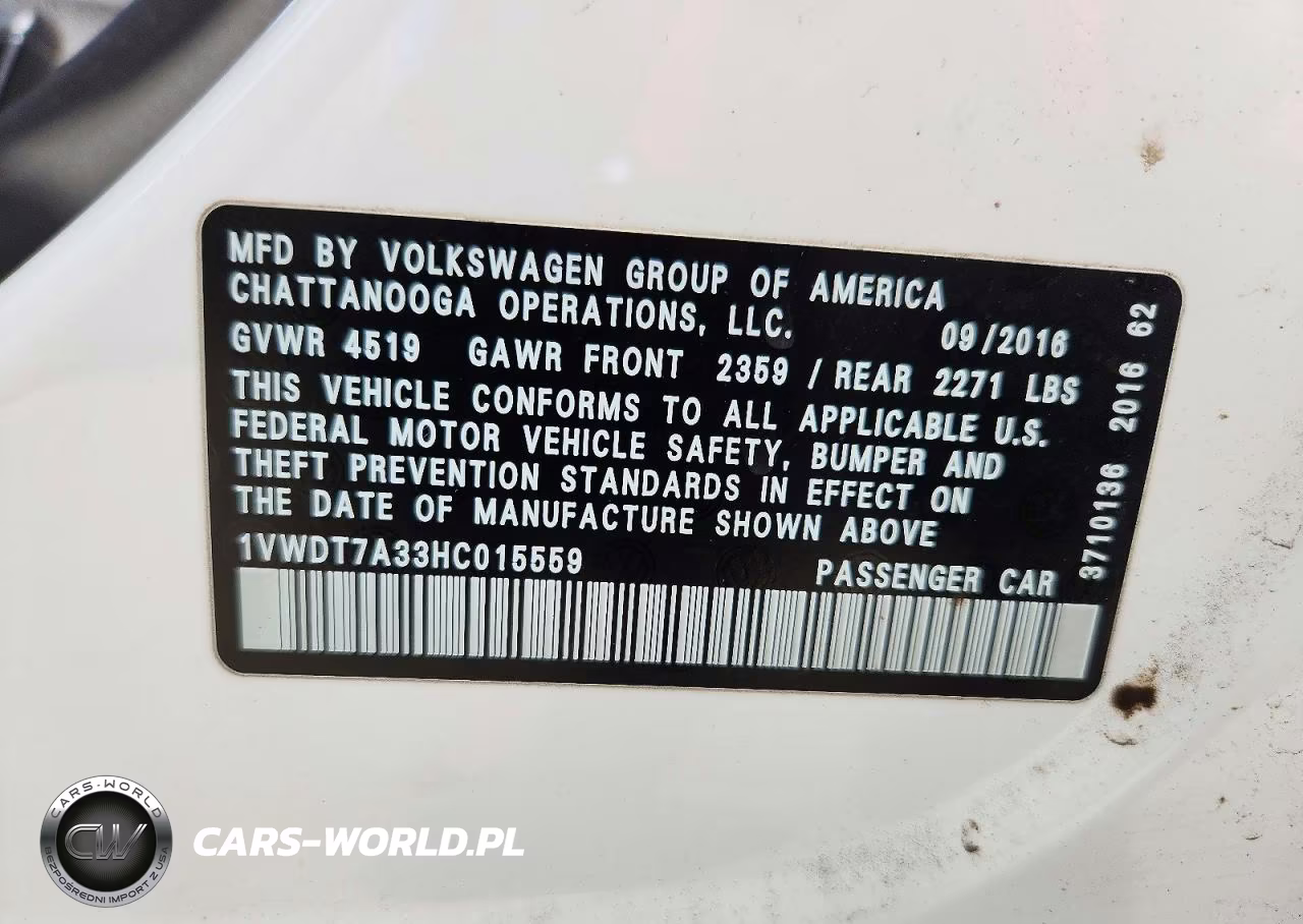 2017 Volkswagen Passat VIN:1VWDT7A33HC015559 - 12