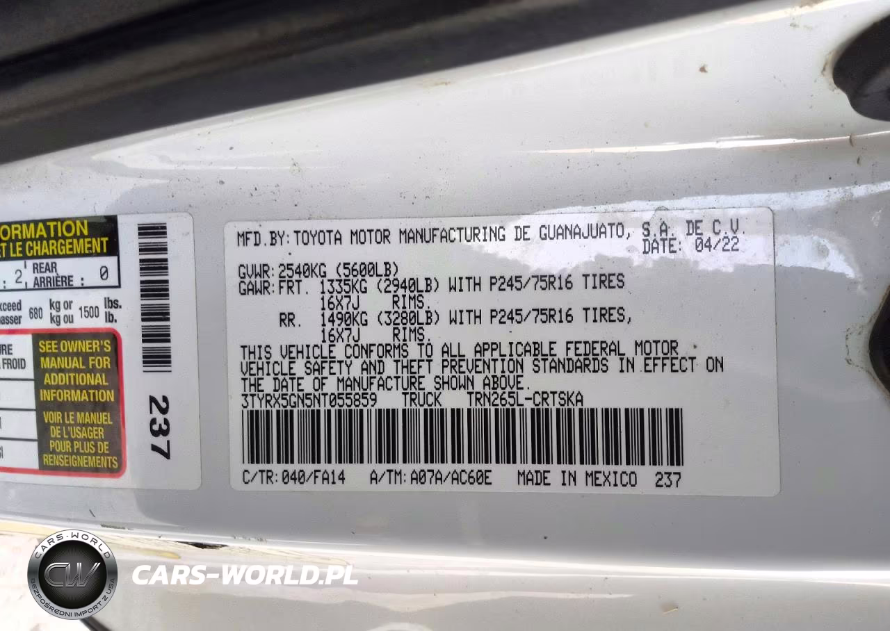 2022 Toyota Tacoma Sr VIN:3TYRX5GN5NT055859 - 12