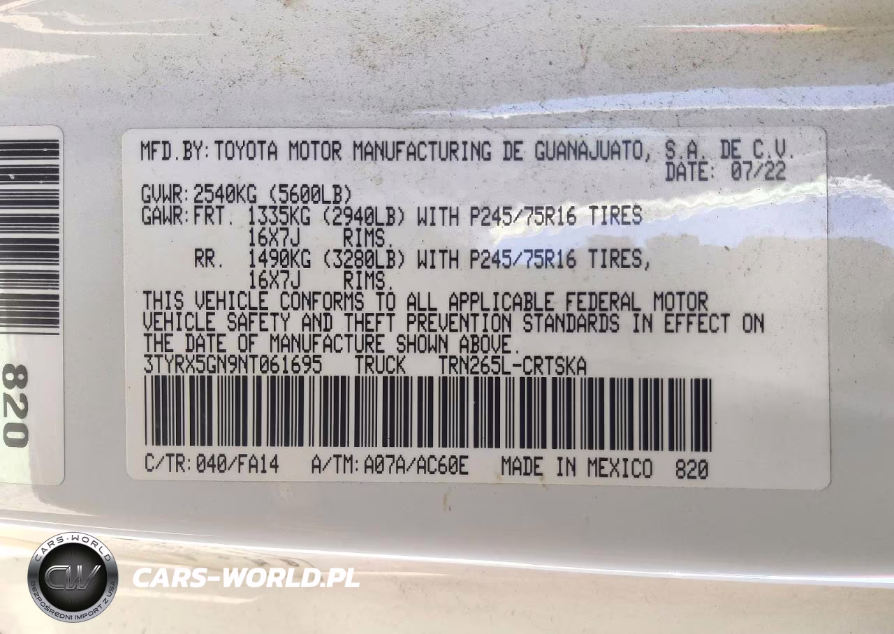 2022 Toyota Tacoma Sr VIN:3TYRX5GN9NT061695 - 12