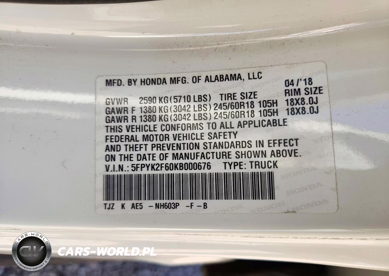 2019 Honda Ridgeline Rtl VIN:5FPYK2F60KB000676 - 13