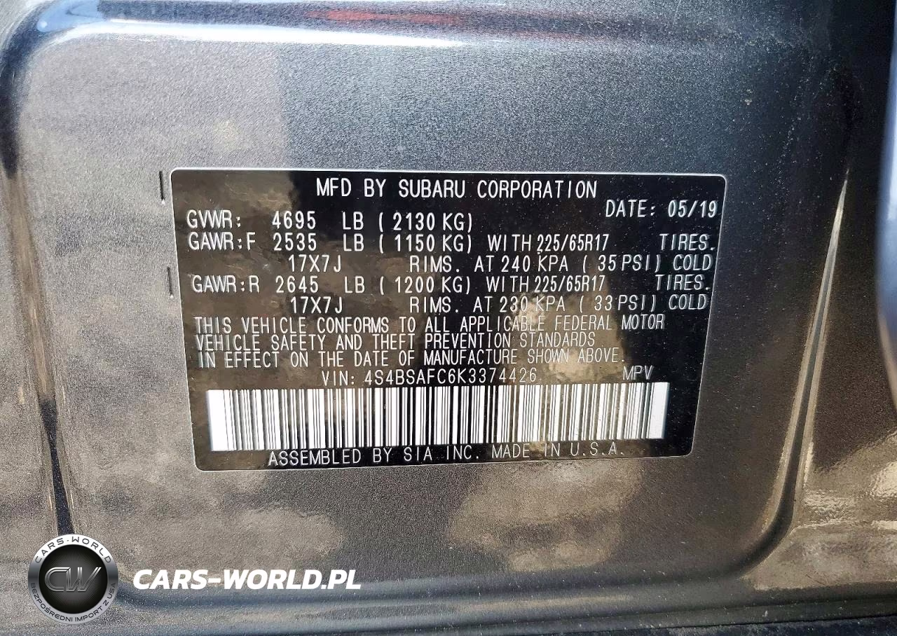 2019 Subaru Outback 2.5I Premium VIN:4S4BSAFC6K3374426 - 12