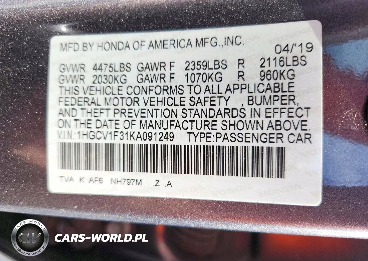 2019 Honda Accord Sport VIN:1HGCV1F31KA091249 - 12