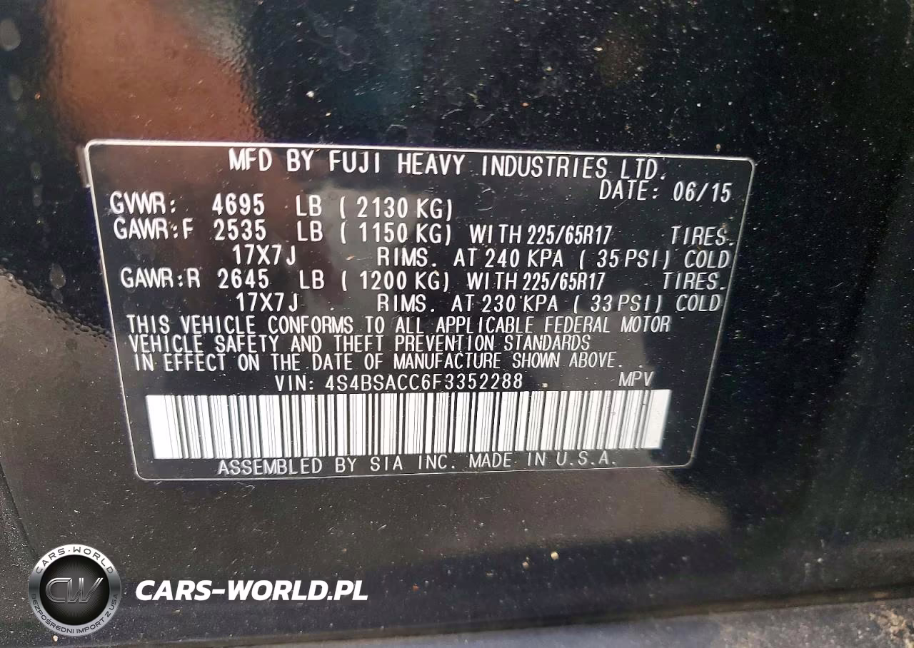 2015 Subaru Outback 2.5I Premium VIN:4S4BSACC6F3352288 - 13
