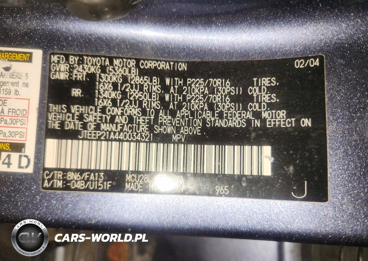 2004 Toyota Highlander Base VIN:JTEEP21A440034321 - 12