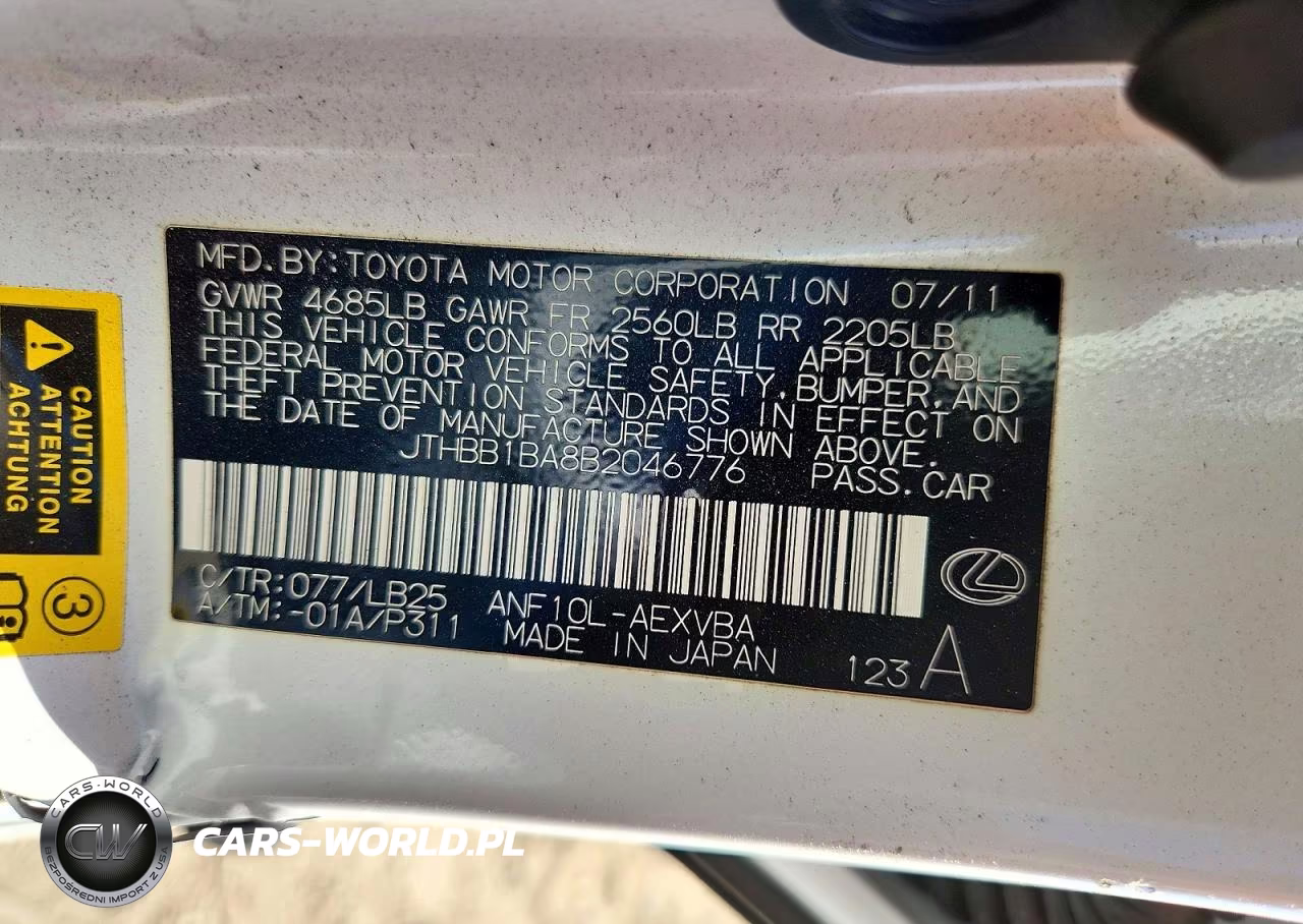 2011 Lexus Hs 250H VIN:JTHBB1BA8B2046776 - 12