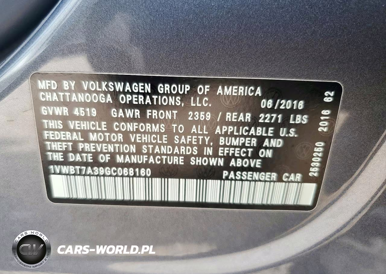 2016 Volkswagen Passat Se VIN:1VWBT7A39GC068160 - 13