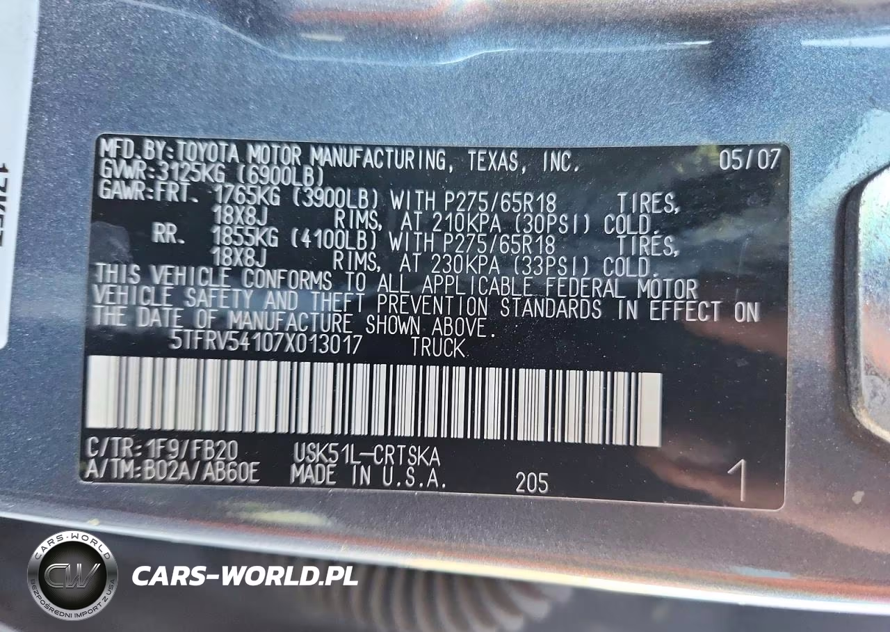 2007 Toyota Tundra Sr5 VIN:5TFRV54107X013017 - 12