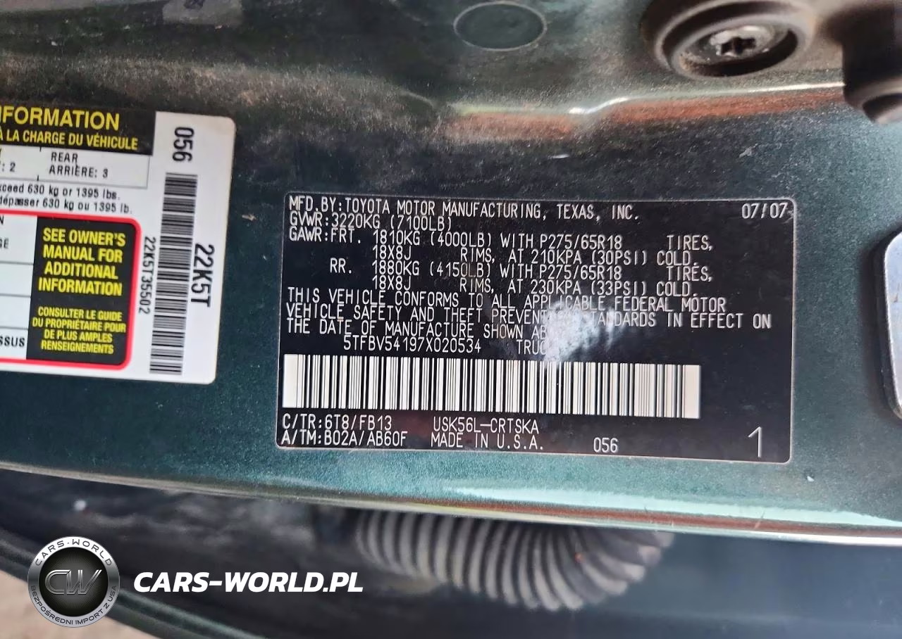 2007 Toyota Tundra Sr5 VIN:5TFBV54197X020534 - 12