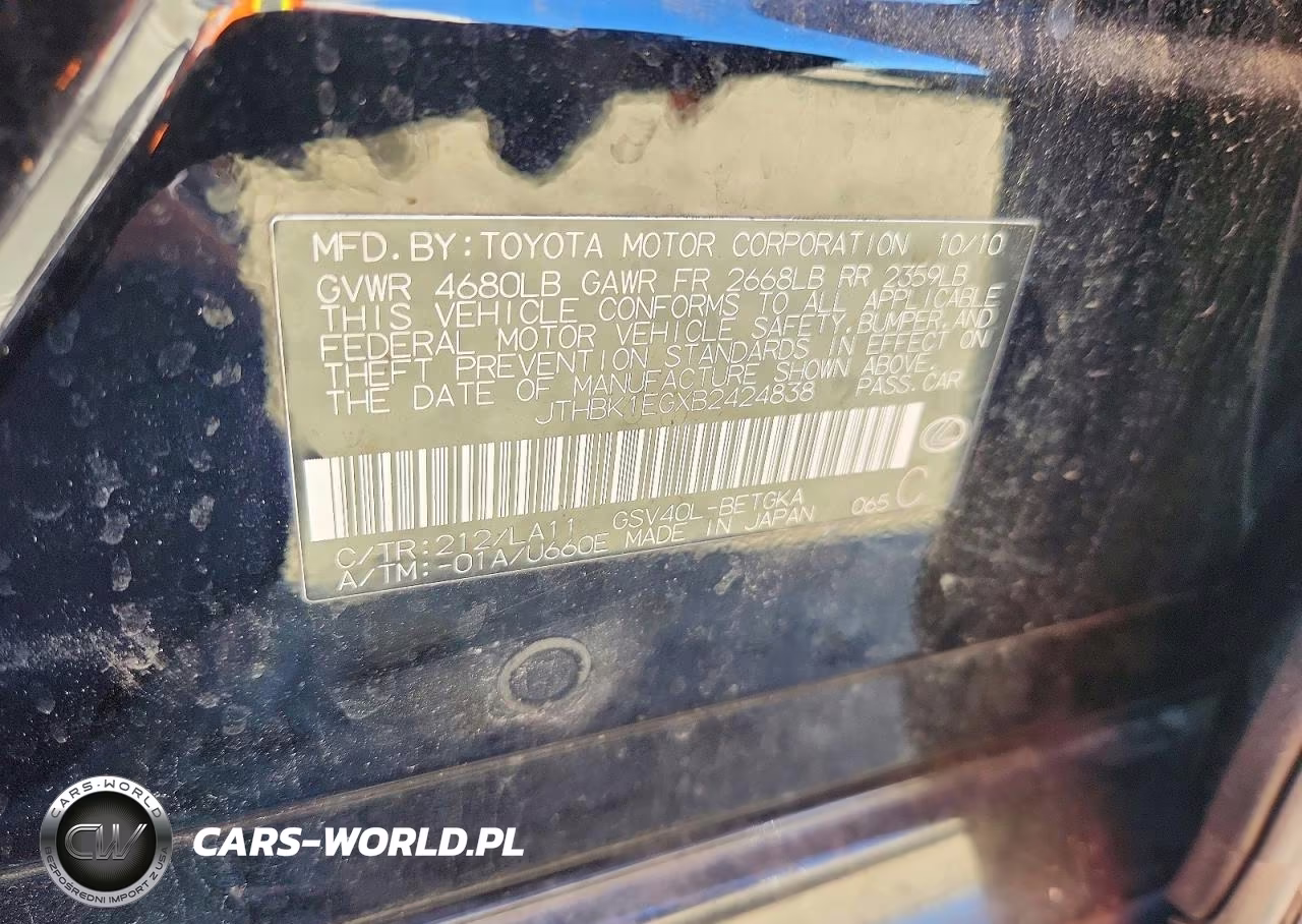 2011 Lexus Es 350 VIN:JTHBK1EGXB2424838 - 12