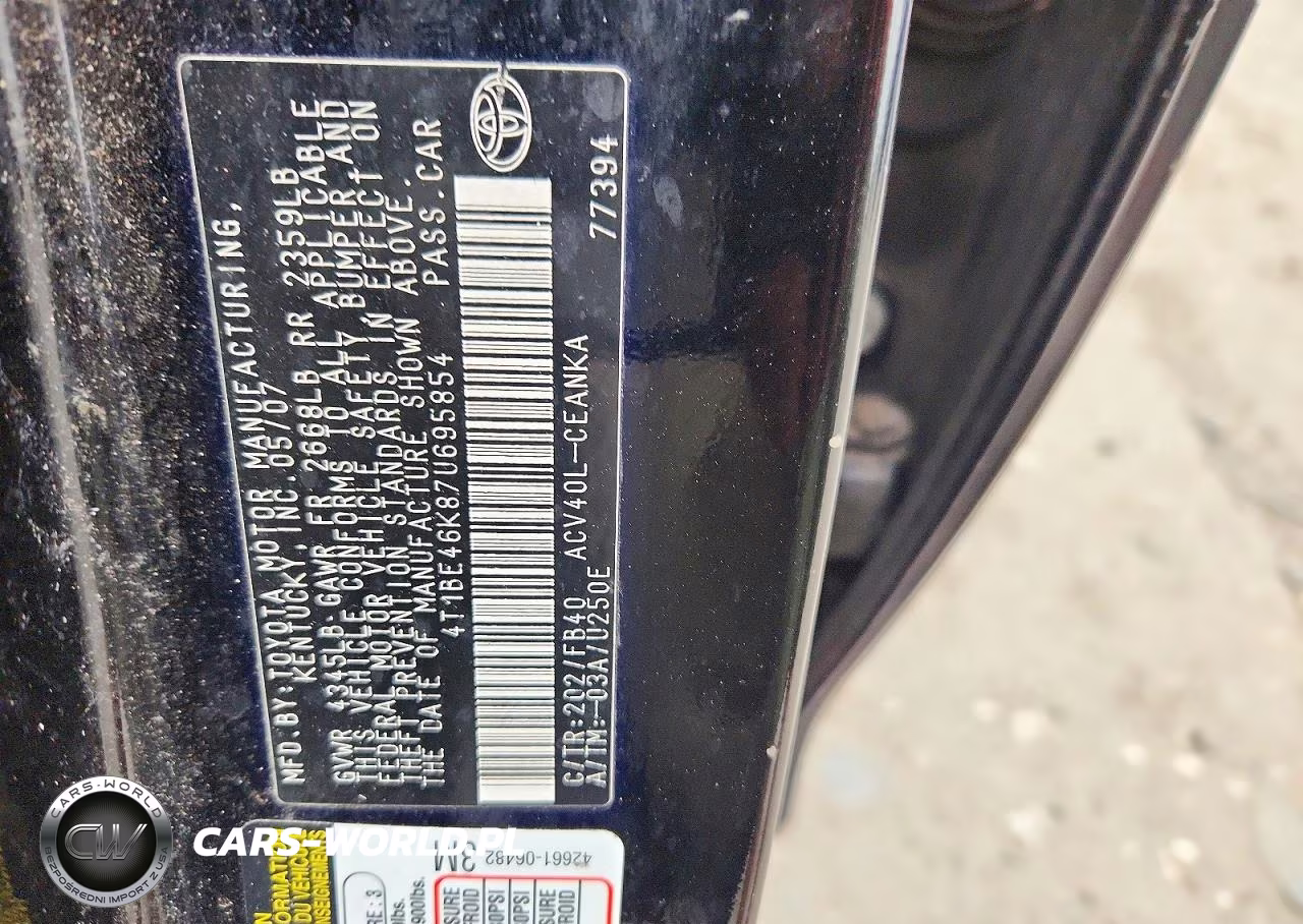 2007 Toyota Camry Le VIN:4T1BE46K87U695854 - 12