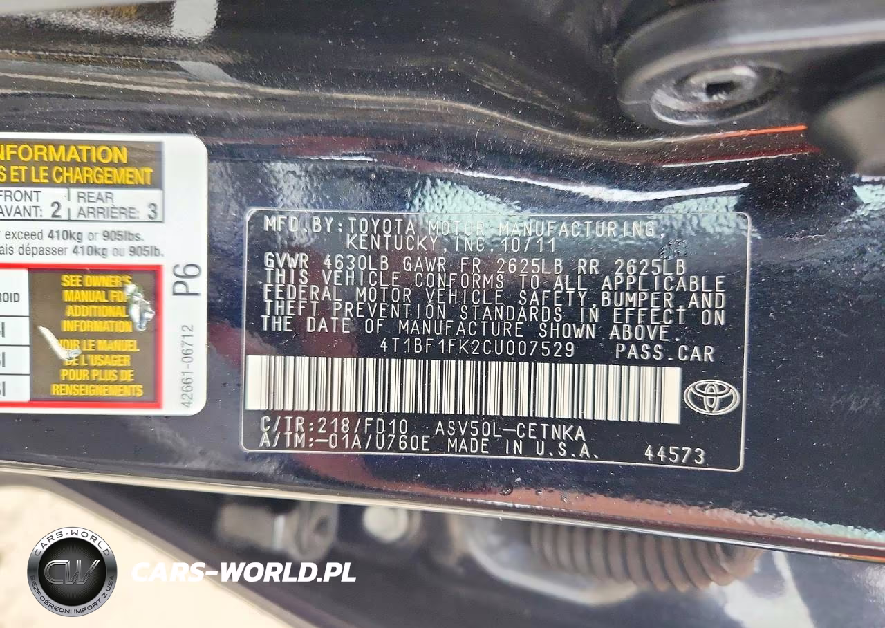 2012 Toyota Camry Le VIN:4T1BF1FK2CU007529 - 12