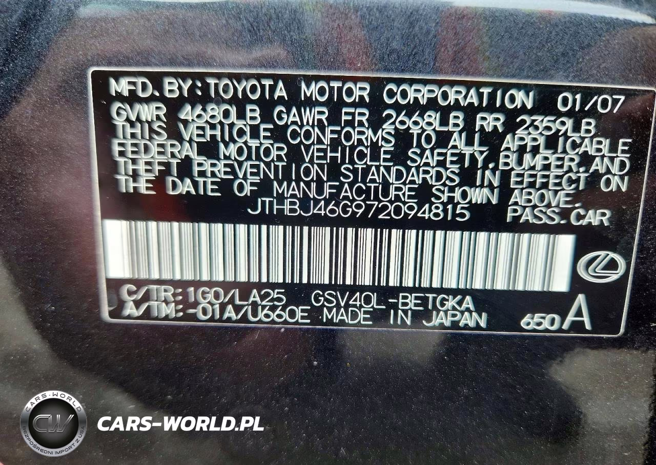 2007 Lexus Es 350 VIN:JTHBJ46G972094815 - 12