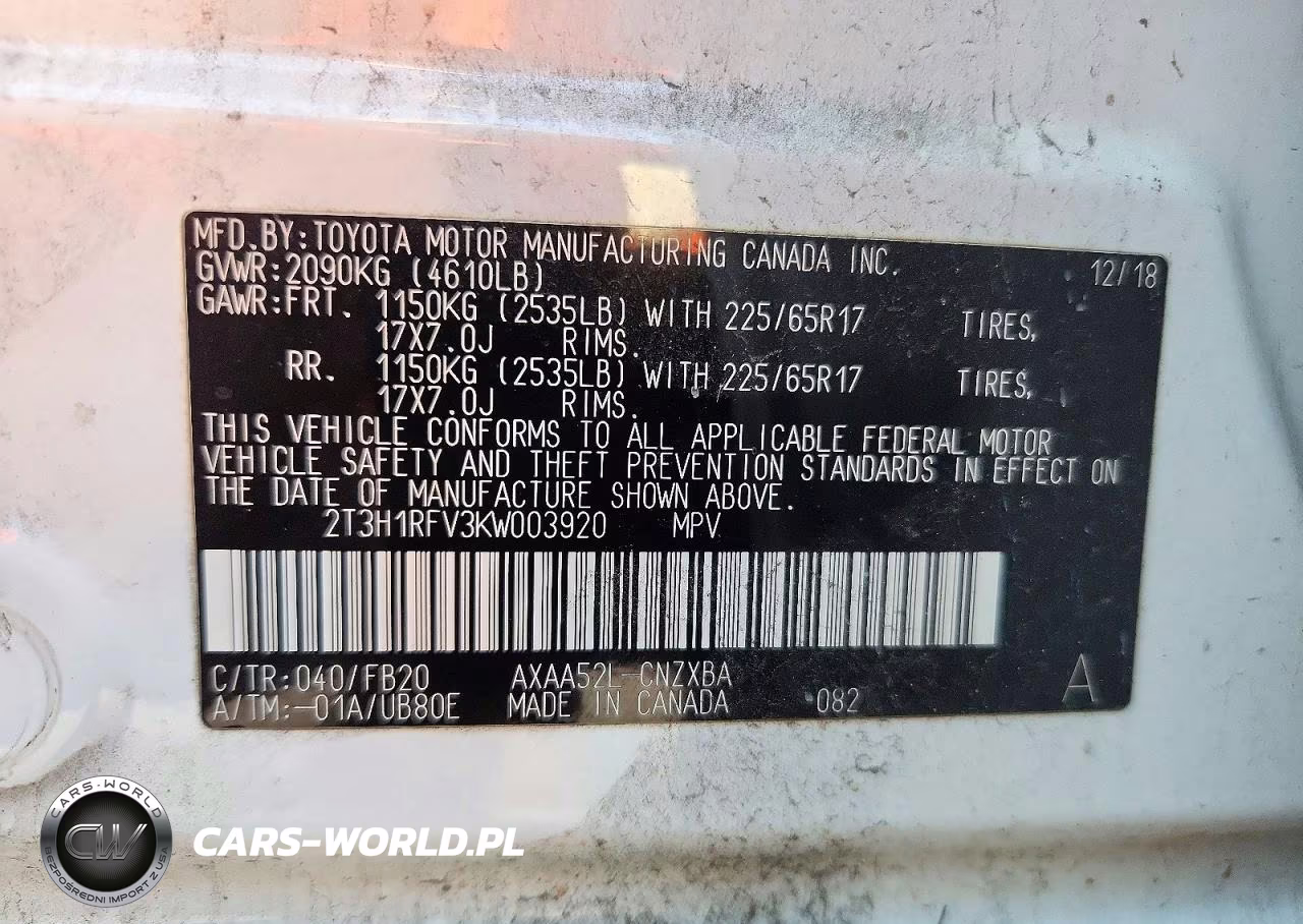 2019 Toyota Rav4 Le VIN:2T3H1RFV3KW003920 - 12