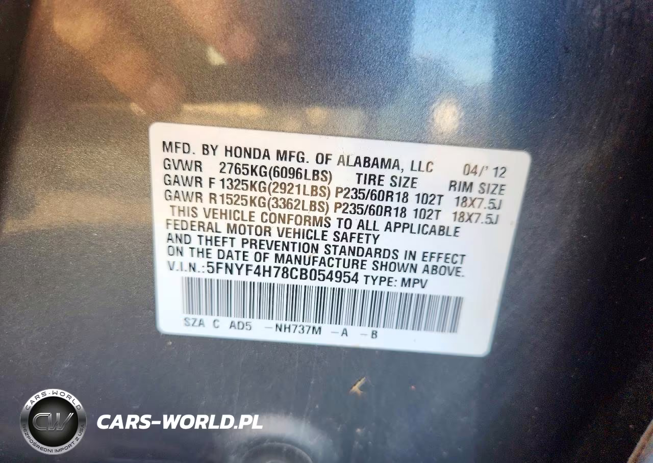 2012 Honda Pilot Exln VIN:5FNYF4H78CB054954 - 13
