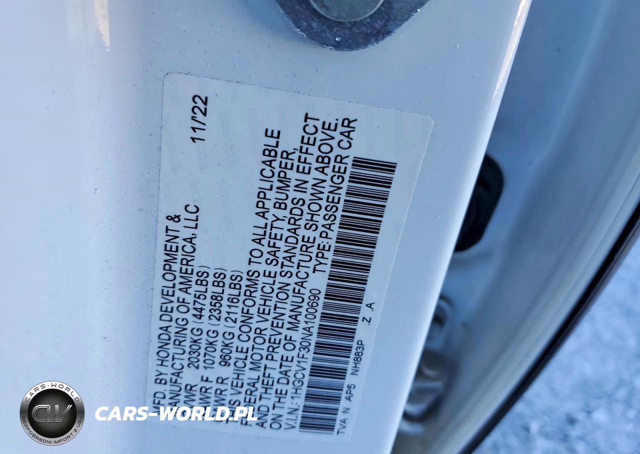 2022 Honda Accord Sport VIN:1HGCV1F30NA100690 - 12