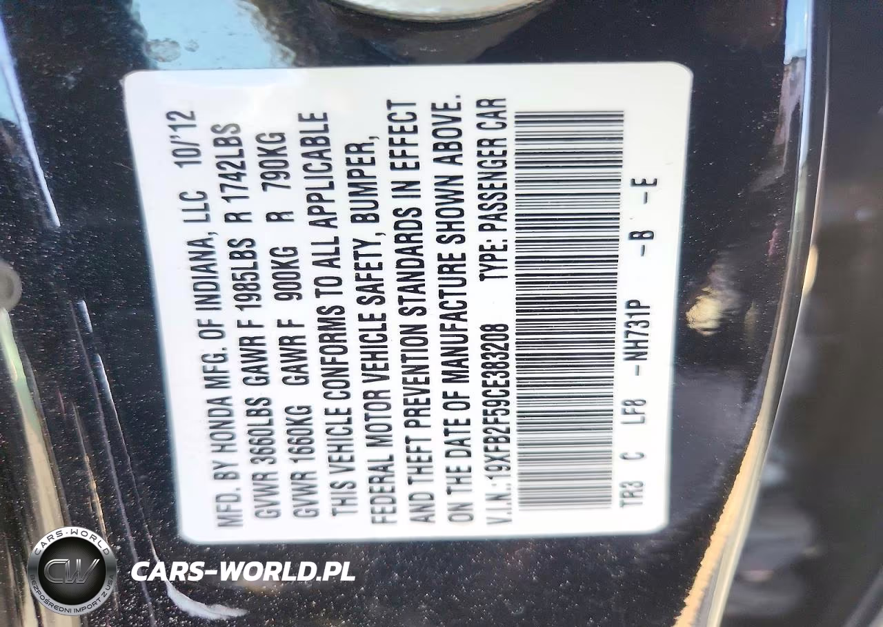 2012 Honda Civic Lx VIN:19XFB2F59CE383208 - 13