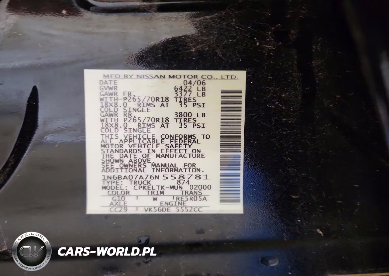 2006 Nissan Titan Xe Ffv VIN:1N6BA07A76N558781 - 12