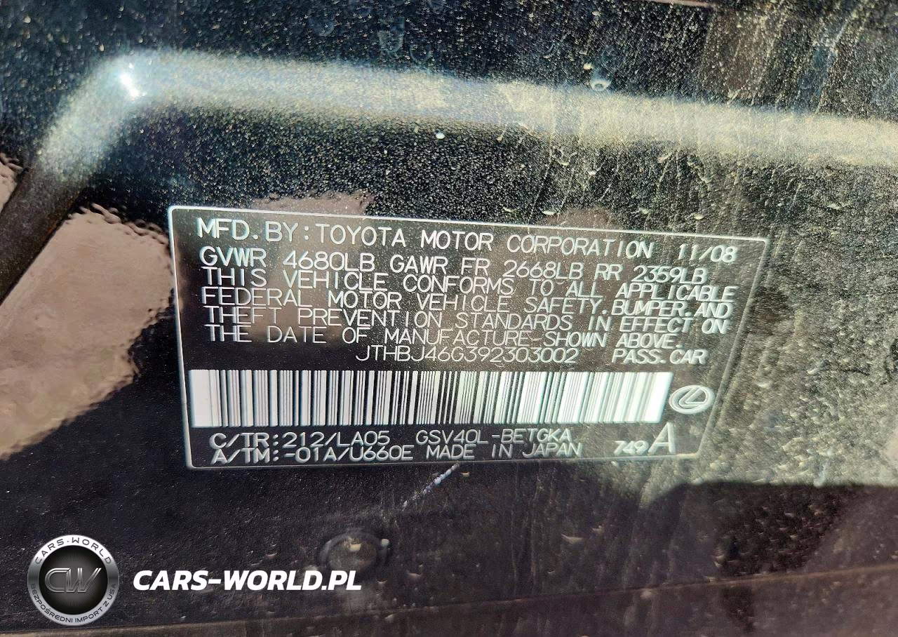 2009 Lexus Es 350 VIN:JTHBJ46G392303002 - 12