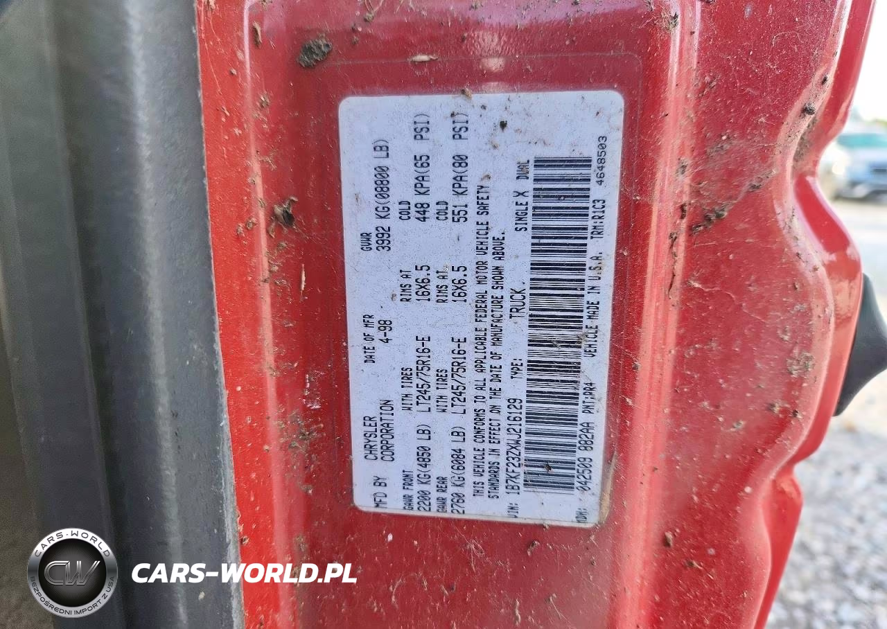 1998 Dodge Ram 2500 VIN:1B7KF23ZXWJ216129 - 13
