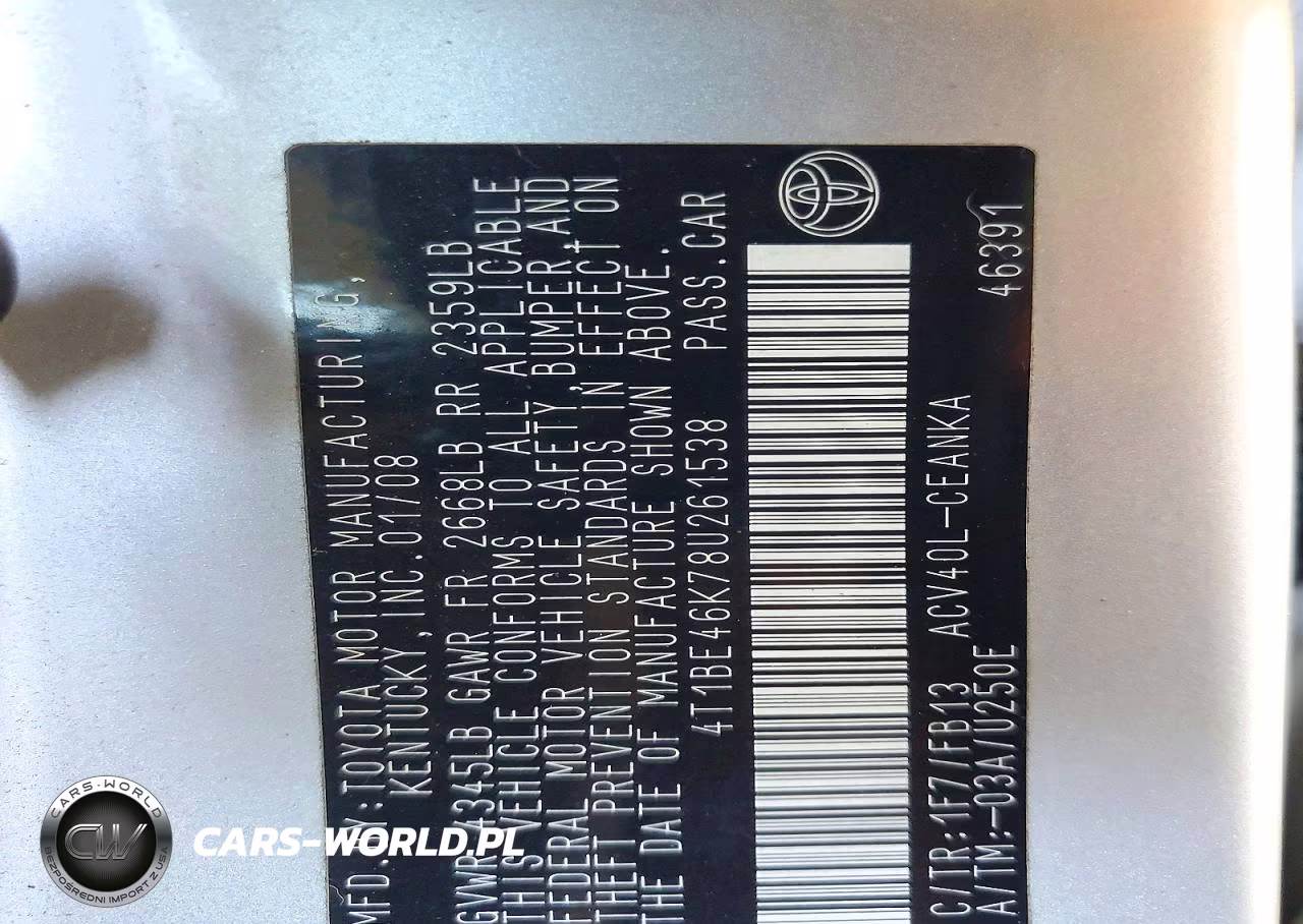2008 Toyota Camry Le VIN:4T1BE46K78U261538 - 12