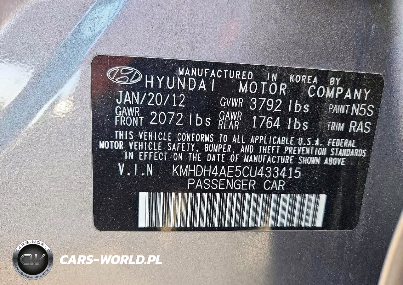 2012 Hyundai Elantra Limited VIN:KMHDH4AE5CU433415 - 12