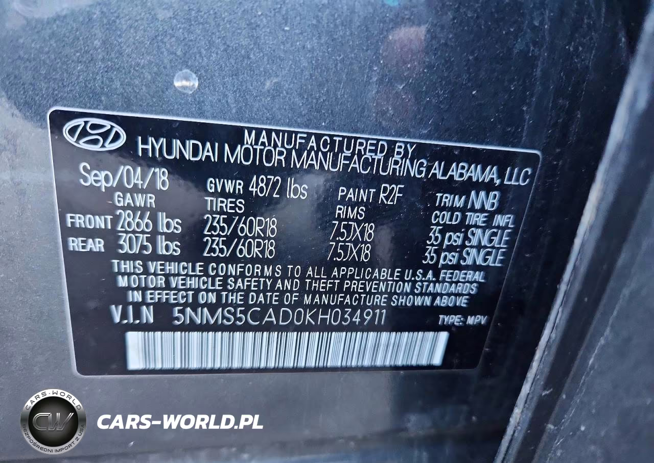 2019 Hyundai Santa Fe Limited 2.4L VIN:5NMS5CAD0KH034911 - 13
