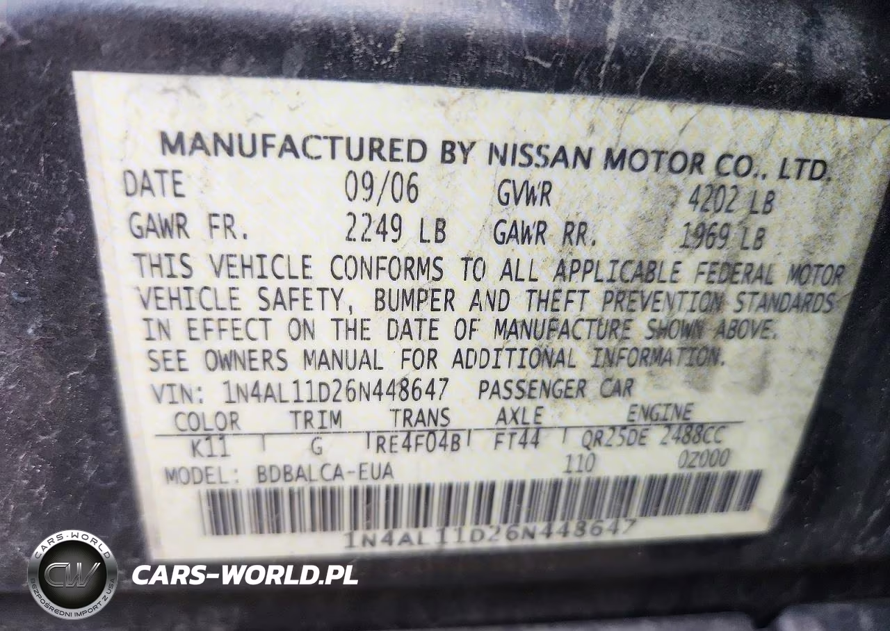 2006 Nissan Altima 2.5 VIN:1N4AL11D26N448647 - 12