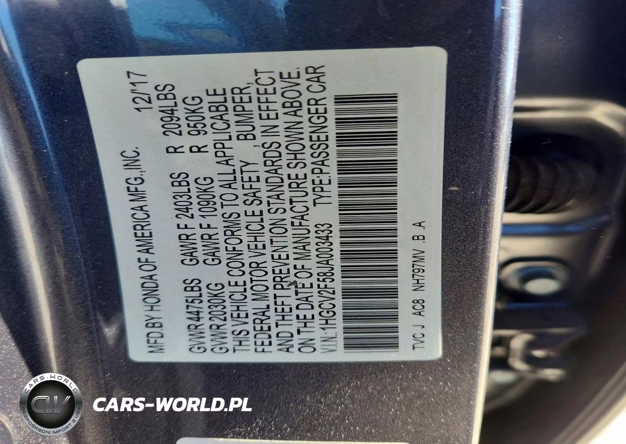2018 Honda Accord Exl VIN:1HGCV2F58JA003433 - 12
