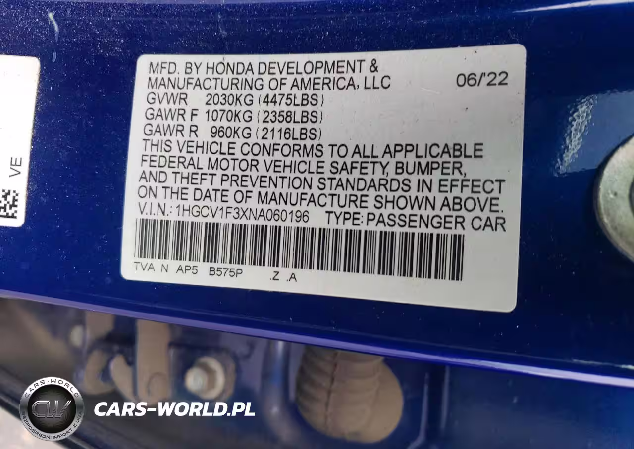 2022 Honda Accord Sport VIN:1HGCV1F3XNA060196 - 12
