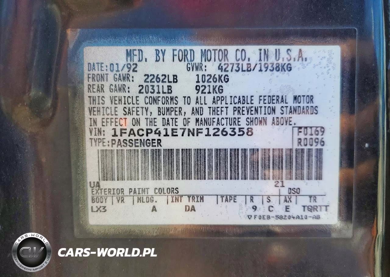 1992 Ford Mustang Lx VIN:1FACP41E7NF126358 - 13