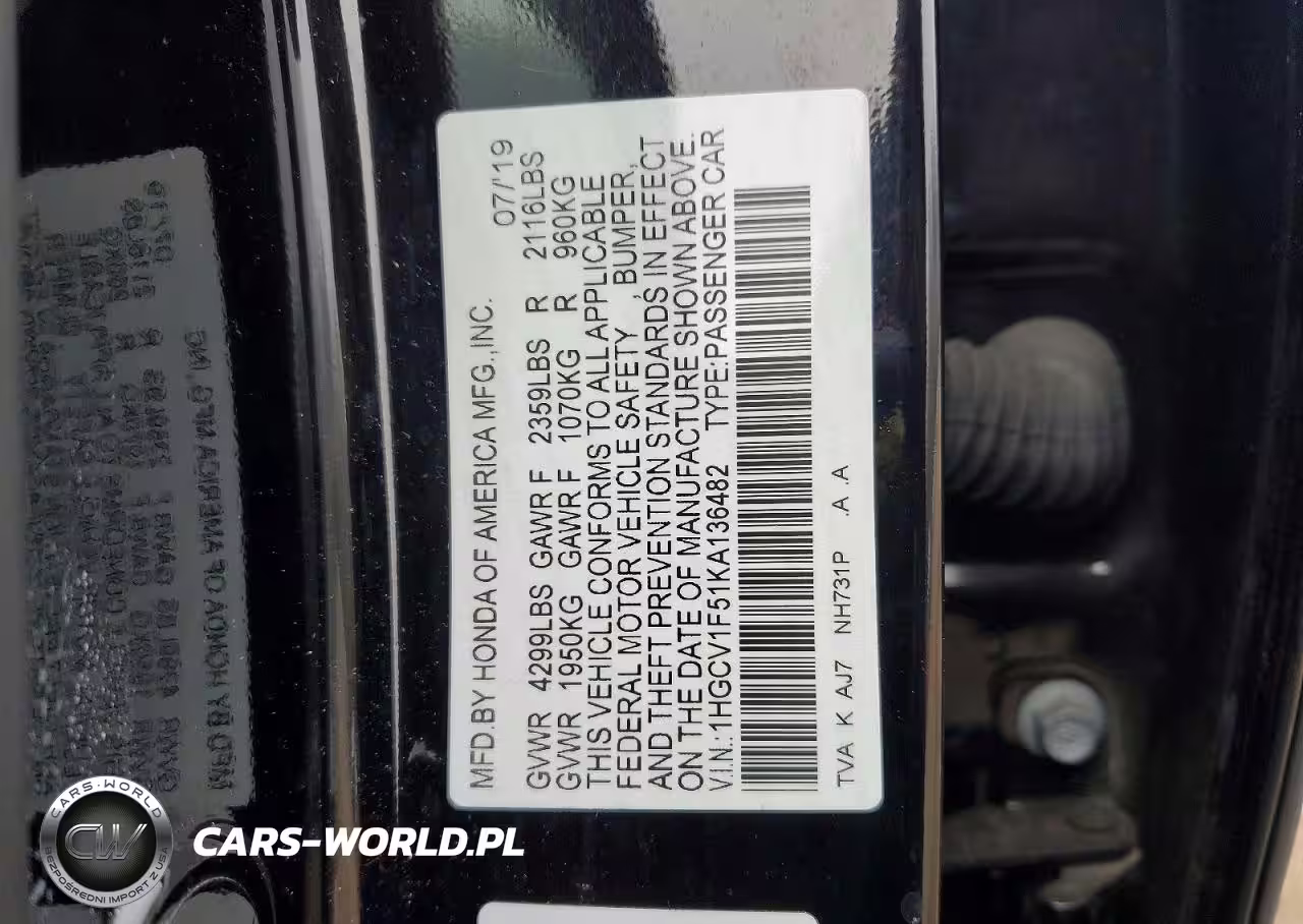 2019 Honda Accord Exl VIN:1HGCV1F51KA136482 - 12