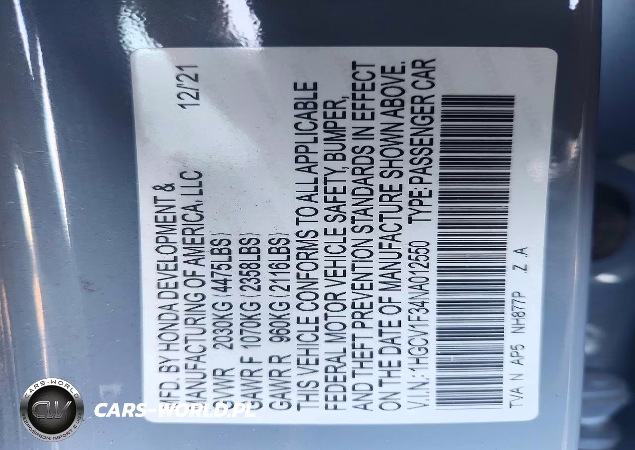 2022 Honda Accord Sport VIN:1HGCV1F34NA012550 - 12