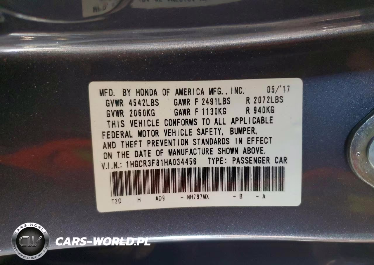 2017 Honda Accord Exl VIN:1HGCR3F81HA034456 - 13