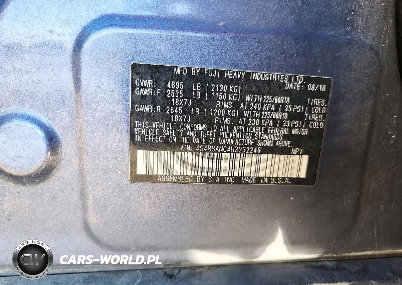 2017 Subaru Outback 2.5I Limited VIN:4S4BSANC4H3232246 - 12