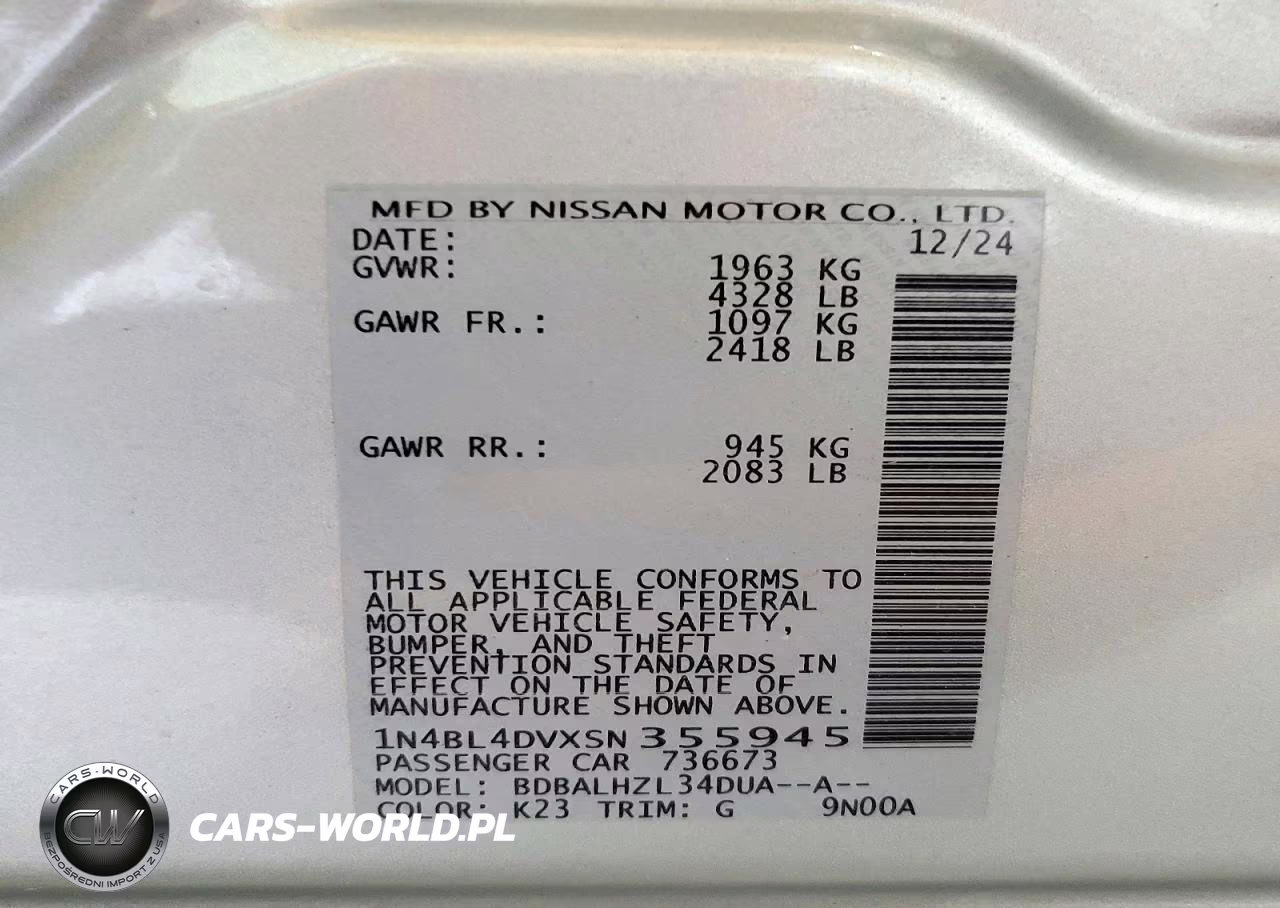 2025 Nissan Altima Sv VIN:1N4BL4DVXSN355945 - 12