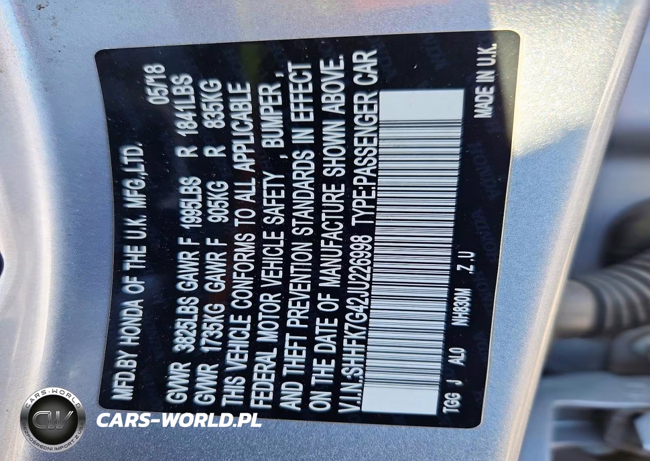 2018 Honda Civic Sport VIN:SHHFK7G42JU226998 - 12