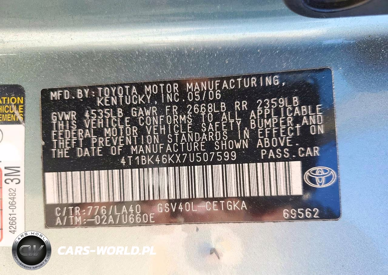 2007 Toyota Camry Xle V6 VIN:4T1BK46KX7U507599 - 13