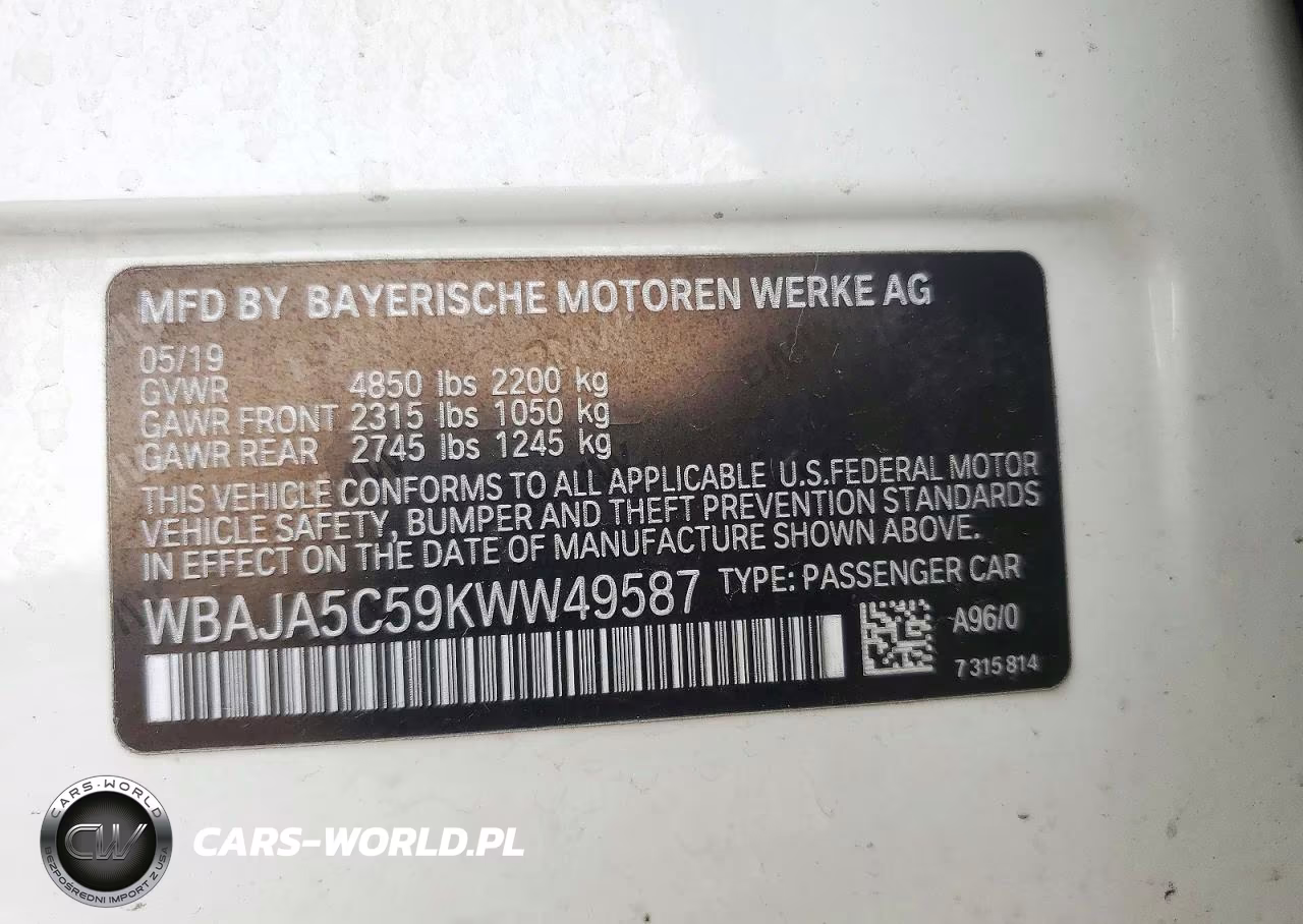 2019 BMW 530 I VIN:WBAJA5C59KWW49587 - 12