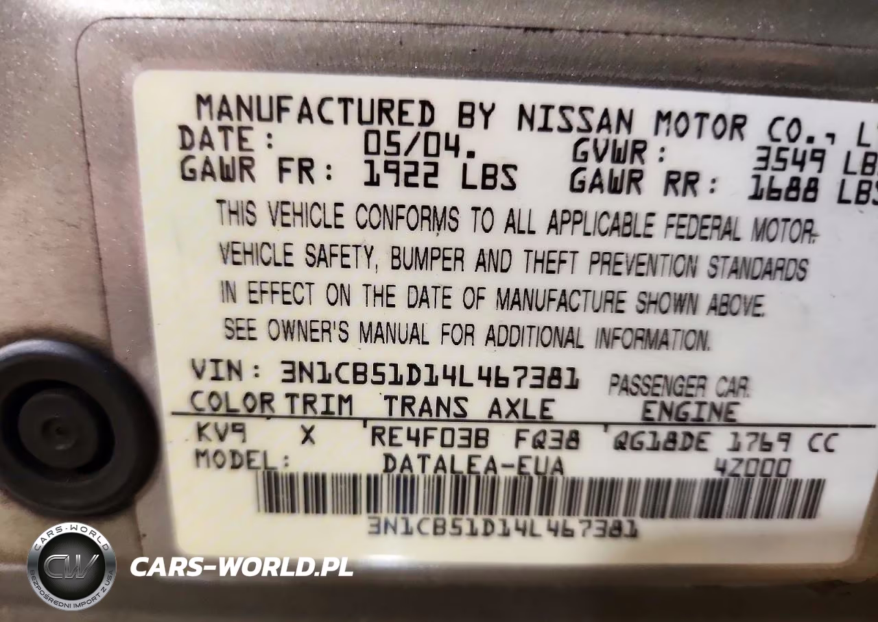 2004 Nissan Sentra 1.8 VIN:3N1CB51D14L467381 - 12