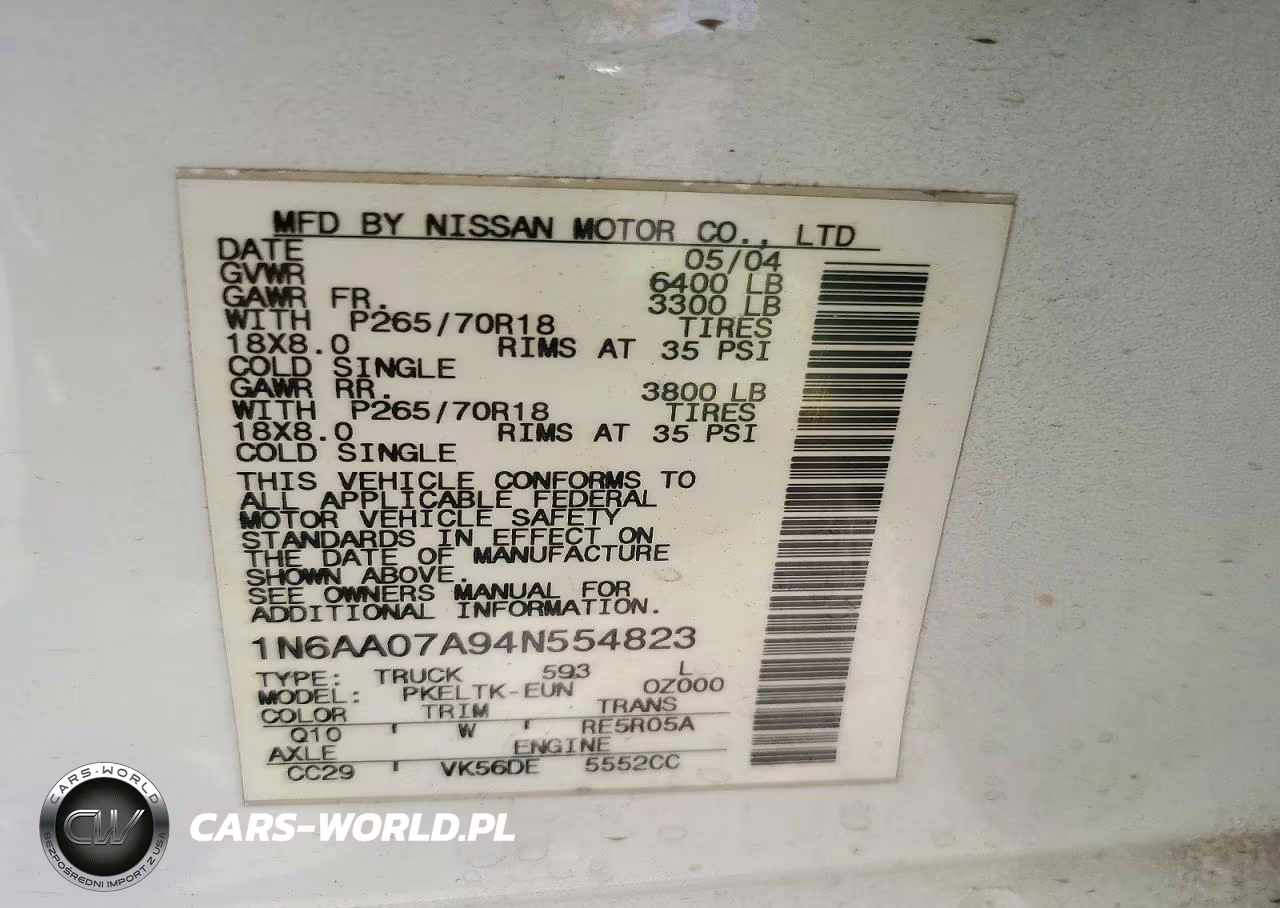 2004 Nissan Titan Xe VIN:1N6AA07A94N554823 - 12