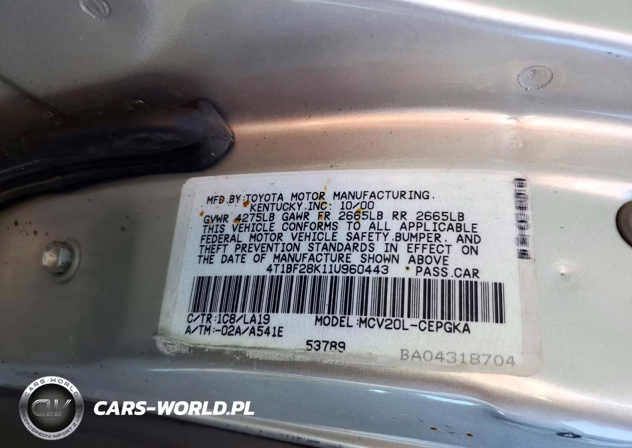 2001 Toyota Camry Xle V6 VIN:4T1BF28K11U960443 - 12