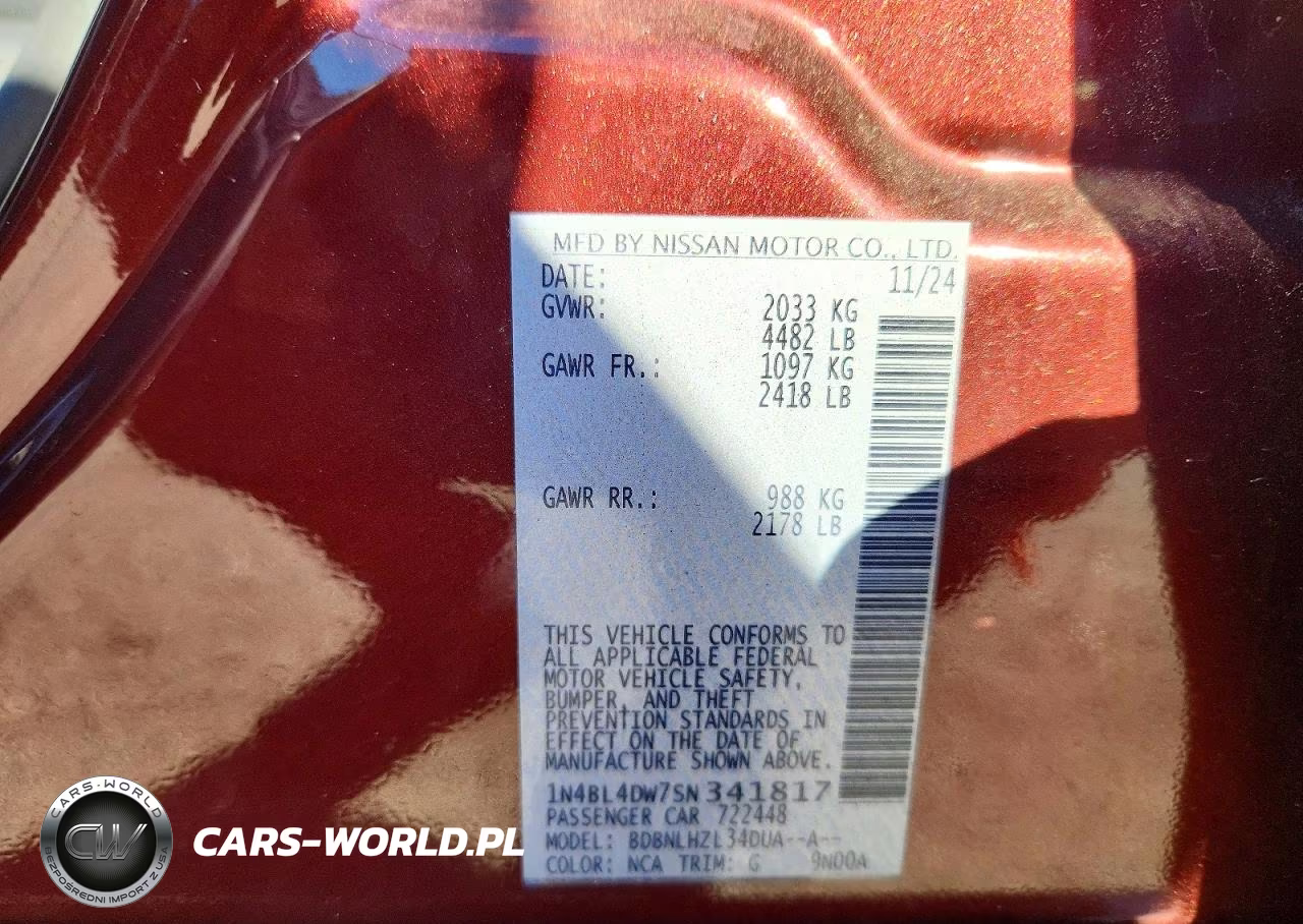 2025 Nissan Altima Sv VIN:1N4BL4DW7SN341817 - 12