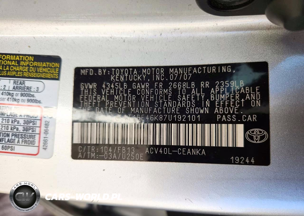 2007 Toyota Camry Ce VIN:4T1BE46K87U192101 - 12